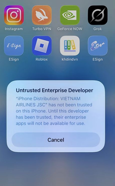 Untrusted Enterprise Developer - ESign iOS